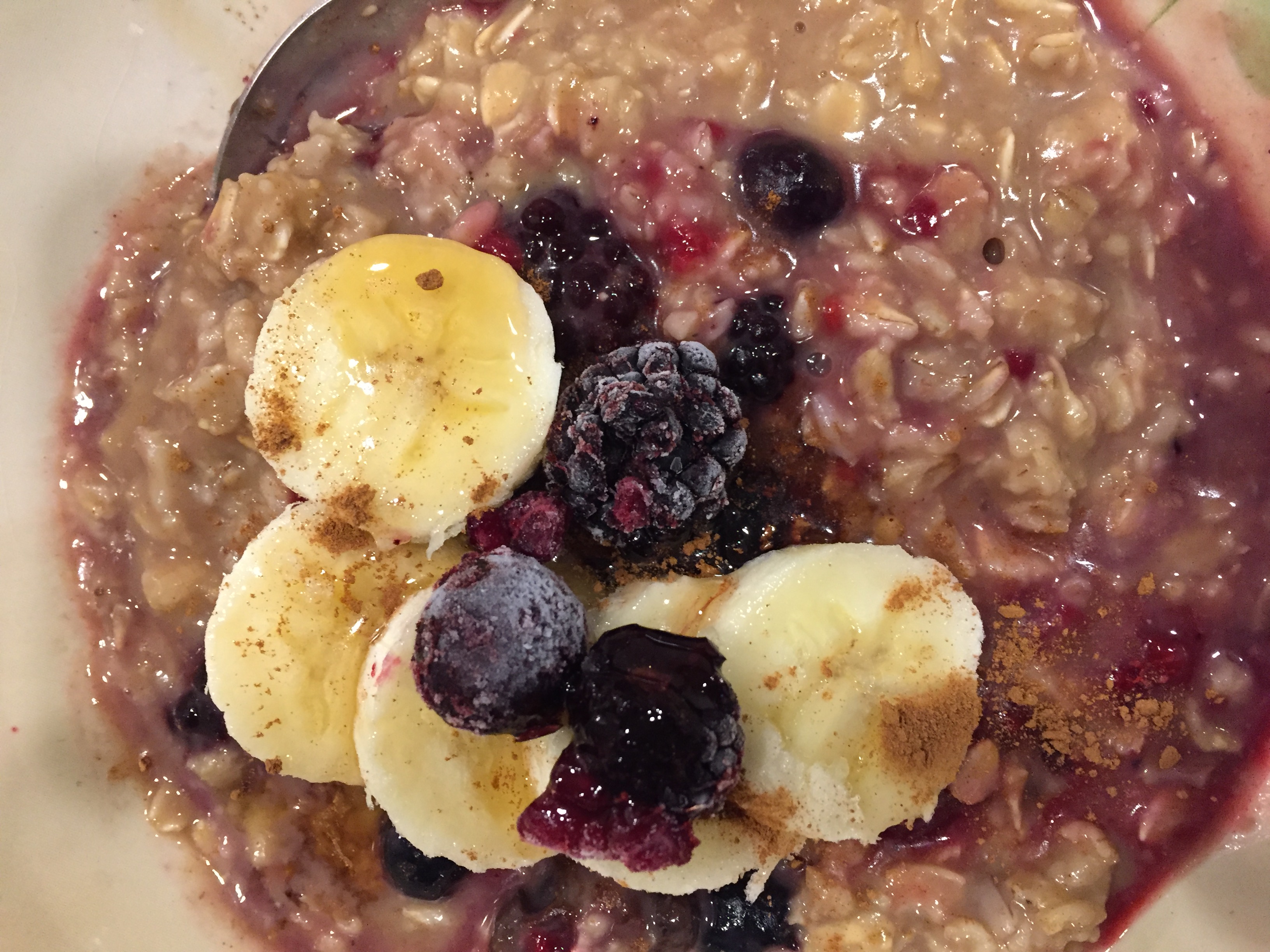 Oatmeal, Berries, Bananas, Maple Syrup, Cinnamon, Almond Milk