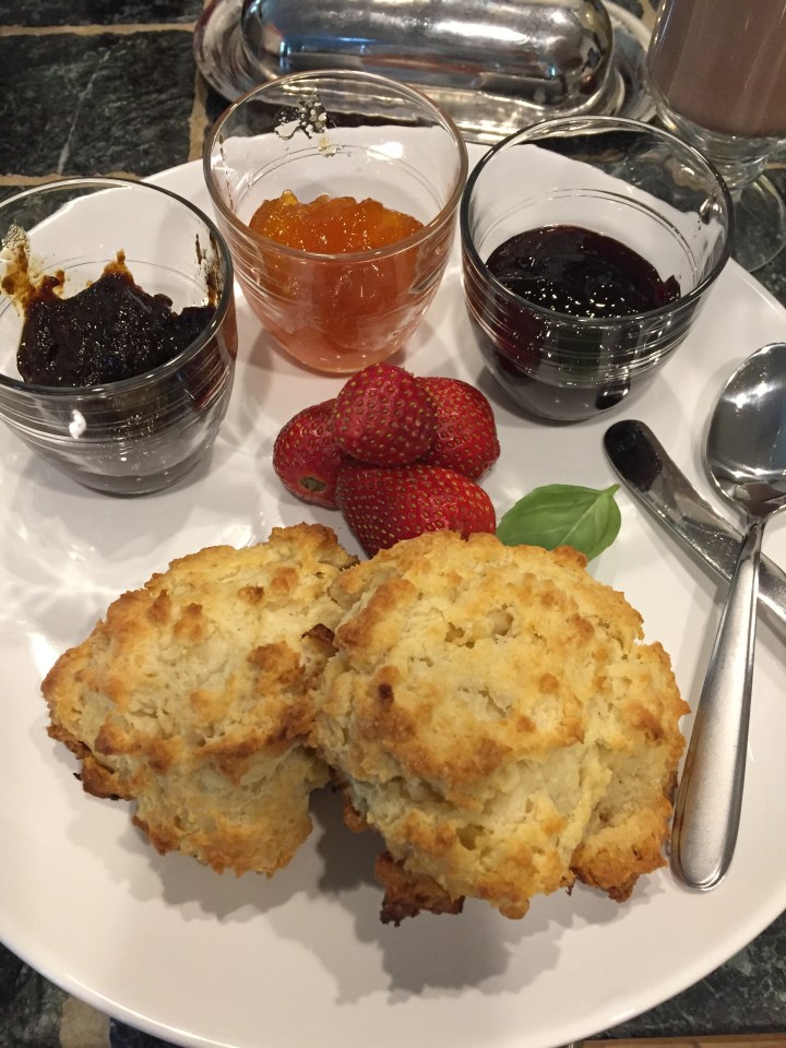 Raspberry jam, apricot, and fig, with biscuits